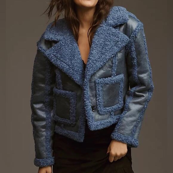 7 For All Mankind Faux Suede Sherpa Notch Collar Crop Jacket Blue Women’s XS - Picture 1 of 14